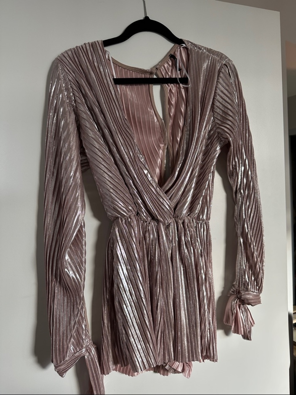 Metallic Rose Pleated Long-Sleeve Romper
